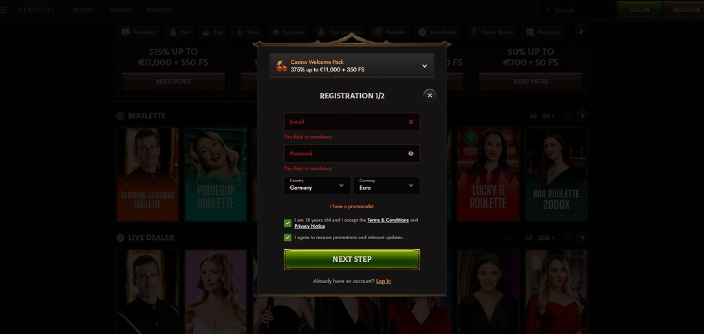 Crusaado Casino Registration