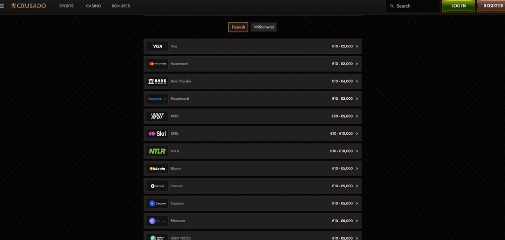 Crusado Casino Payment Methods